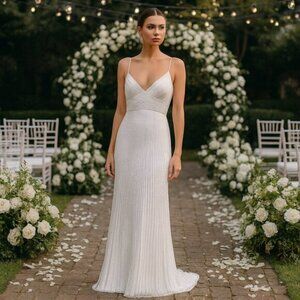 NWT Mac Duggal Sequin Spaghetti Strap Gown Pearl 8 #7652